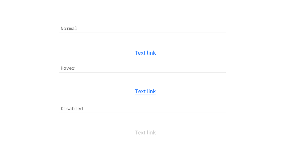 Example of enabled, hover, and disabled link states