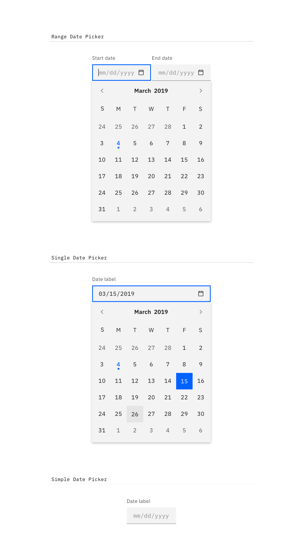 range, single, and simple date pickers