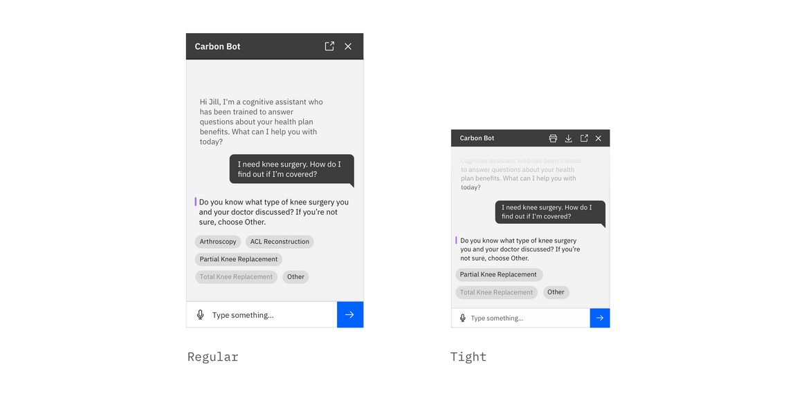Chatbot window comes in two sizes, regular and tight