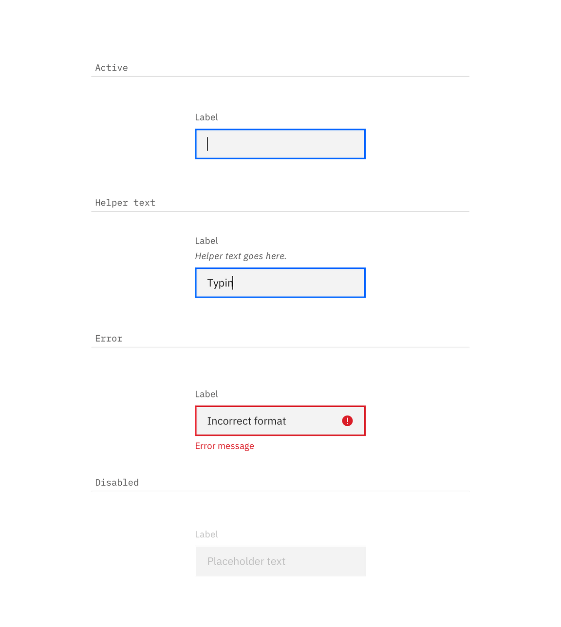 Active, help, error or disabled states for text input