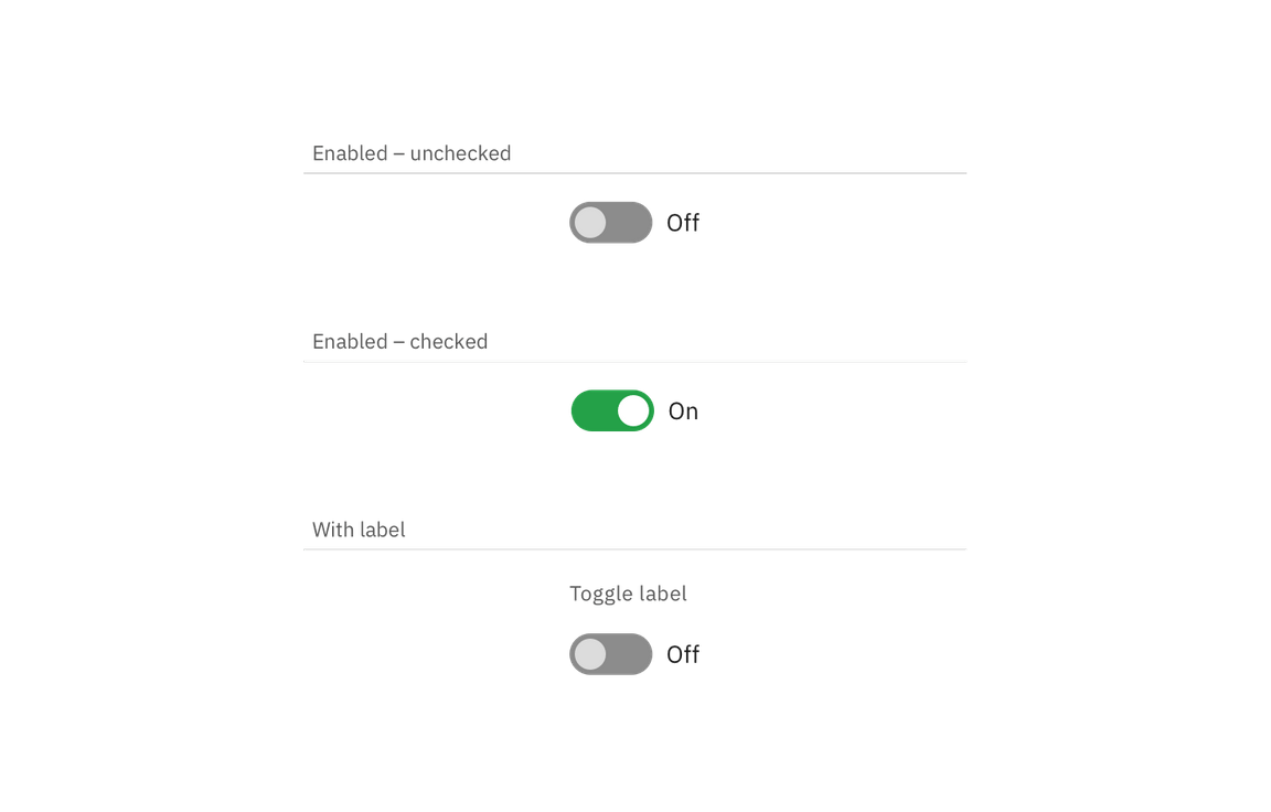 Inactive, inactive hover, and active states for a toggle